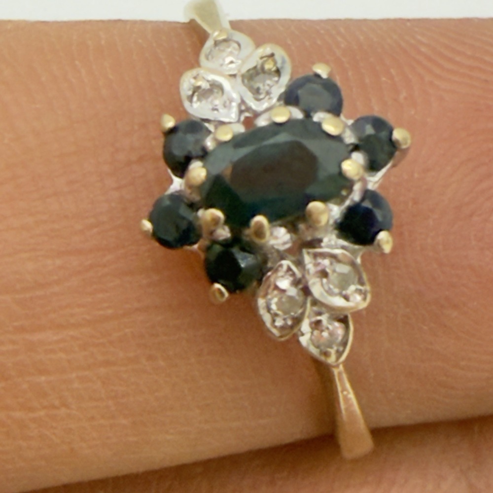 Vintage 9ct Sapphire & Diamond Cluster Ring UK Hallmarks Size 6.75
